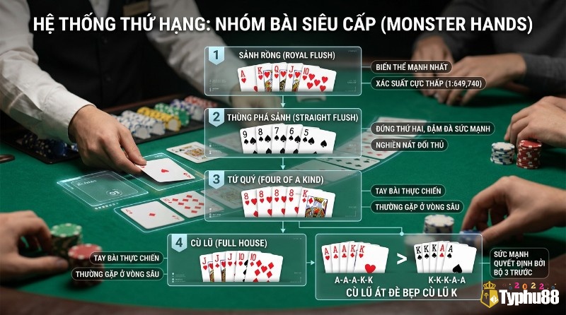 Hệ thống thứ hạng tay bài poker siêu cấp: Sảnh rồng, Thùng phá sảnh, Tứ quý, Cù lũ. Cù lũ Át (A-A-A-K-K) đè bẹp Cù lũ K (K-K-K-A-A)