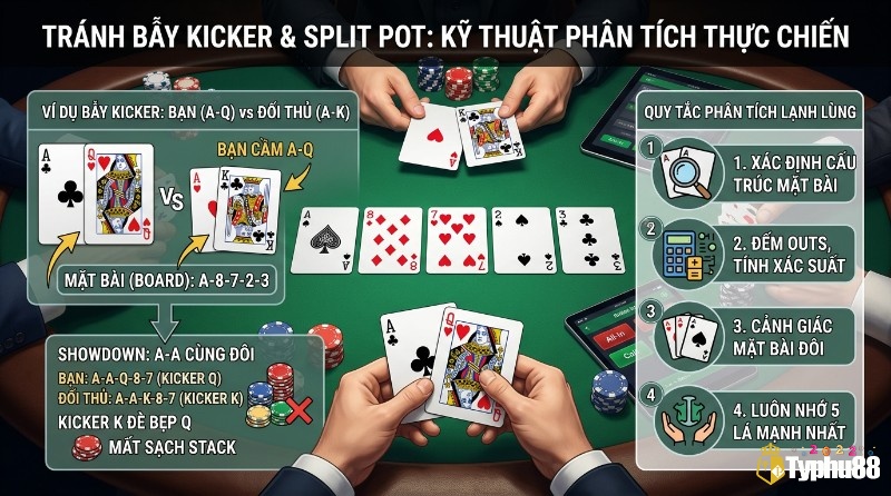 Kỹ thuật phân tích thực chiến poker tránh bẫy Kicker và Split Pot, minh họa ví dụ A-Q thua A-K trên board A-8-7-2-3 do Kicker K, cùng 4 quy tắc phân tích lạnh lùng
