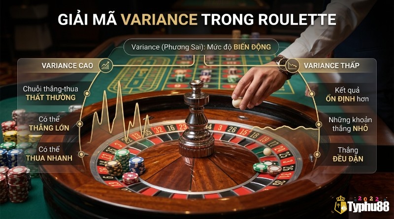 Giải thích variance trong roulette là gì qua bánh xe, chip, và đồ thị. Variance cao: thắng lớn, thua nhanh. Variance thấp: kết quả ổn định, thắng nhỏ đều đặn
