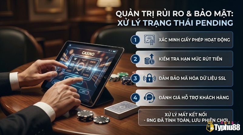 Quản trị rủi ro bảo mật khi xử lý trạng thái Pending trong game slot: 4 bước kiểm tra giấy phép, hạn mức rút tiền, mã hóa SSL, hỗ trợ khách hàng và xử lý mất kết nối