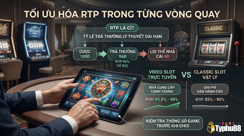 Tối ưu hóa RTP, giải thích tỷ lệ trả thưởng, so sánh video slot trực tuyến RTP 95.5-98% và classic slot vật lý RTP 85-90%, cần kiểm tra thông số