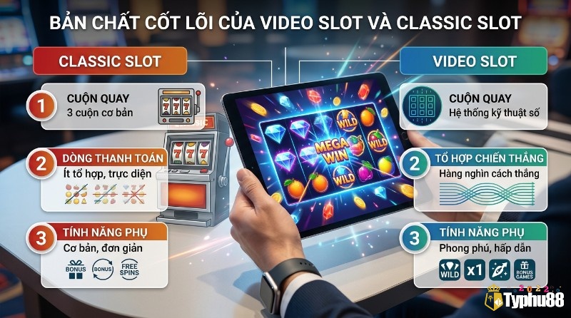 Phân biệt&nbsp;Video slot vs classic slot: Classic 3 cuộn, ít dòng, tính năng cơ bản; Video cuộn kỹ thuật số, hàng nghìn cách thắng, tính năng phong phú