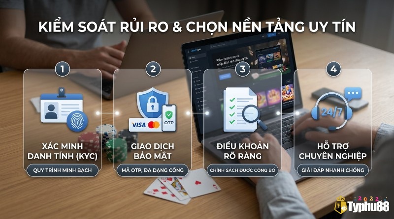 Kiểm soát rủi ro và chọn nền tảng uy tín với KYC minh bạch, giao dịch bảo mật OTP, điều khoản rõ ràng, hỗ trợ 24/7 chuyên nghiệp