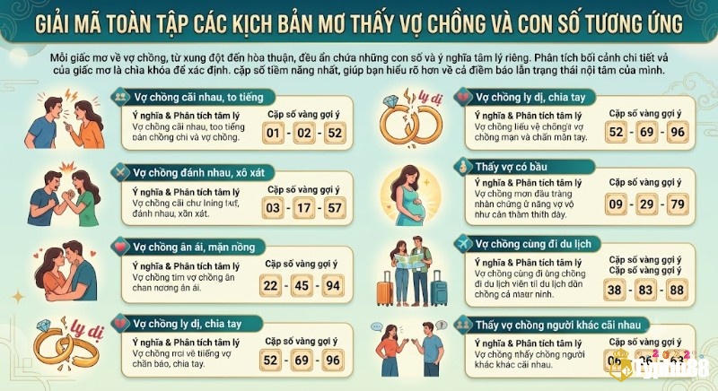 Những tình huống như vợ chồng cãi nhau, hòa thuận, có em bé hay cùng đi du lịch đều mang ý nghĩa biểu tượng khác nhau và thường được liên hệ với các cặp số riêng biệt trong mơ thấy vợ chồng đánh con gì
